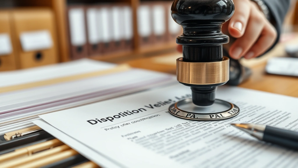 Close-up of court clerk stamping official legal documents with disposition verdict stamp, organized filing system with folders and case files visible, professional office environment with neutral tones