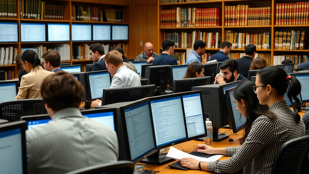 Diverse group of people in law library researching case records on computer terminals, studying legal documents, professional business casual attire, focused concentration on screens
