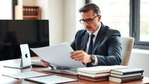 Professional lawyer in business suit reviewing legal documents at desk with law books and computer, modern office setting, serious focused expression, natural lighting from window