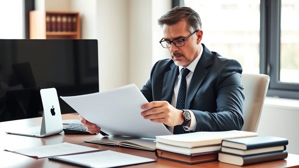 Professional lawyer in business suit reviewing legal documents at desk with law books and computer, modern office setting, serious focused expression, natural lighting from window