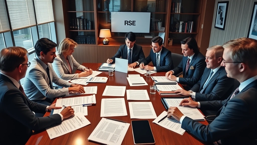 Diverse team of attorneys in conference room analyzing contracts and regulations, multiple jurisdictions represented by documents on table, collaborative professional environment, warm office lighting