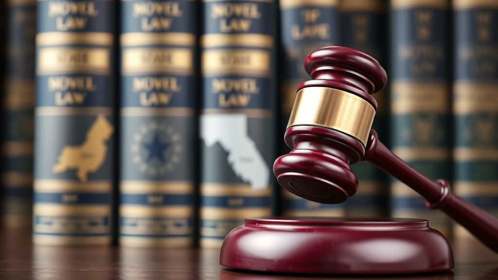Judge's gavel next to law books representing different states, symbolic representation of multi-jurisdictional legal system, professional legal setting, high quality photography