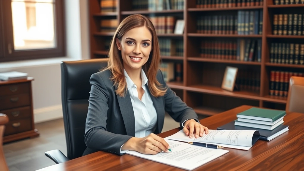 Professional female divorce attorney in business attire sitting at wooden desk with legal documents, notepad, and pen in modern law office with bookshelves in background, warm lighting, confident expression, looking directly at camera