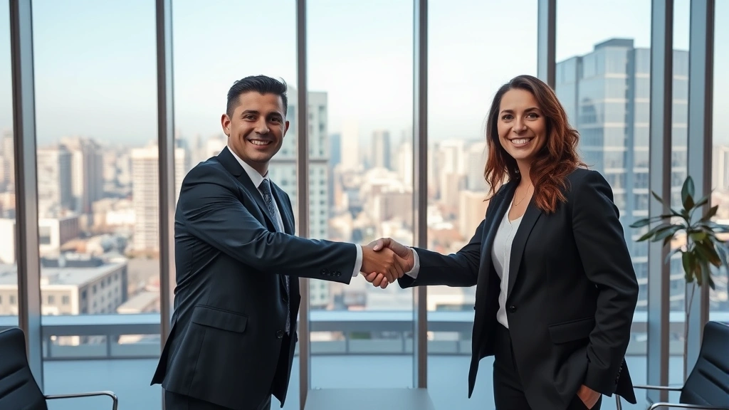 Two attorneys in business suits shaking hands in modern office setting with large windows overlooking city skyline, professional environment, natural daylight, both smiling confidently, contemporary office furniture visible
