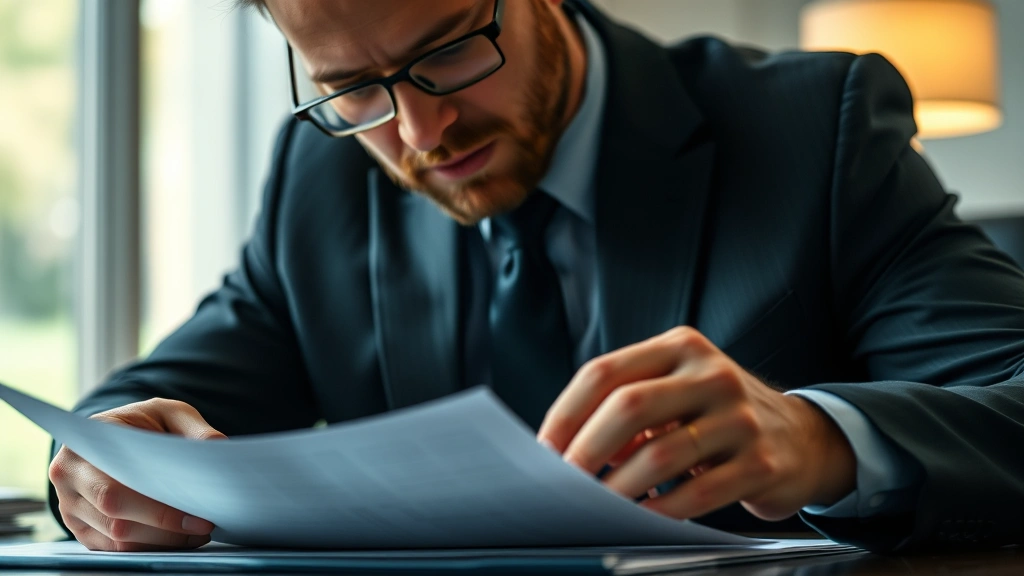 Close-up of male attorney in dark suit reviewing legal documents at desk with glasses, focused expression, professional office setting with subtle background blur, natural lighting highlighting document details