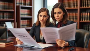 Professional female attorney in business suit reviewing divorce documents at mahogany desk, serious expression, office setting with legal books on shelves, natural window lighting, realistic photograph
