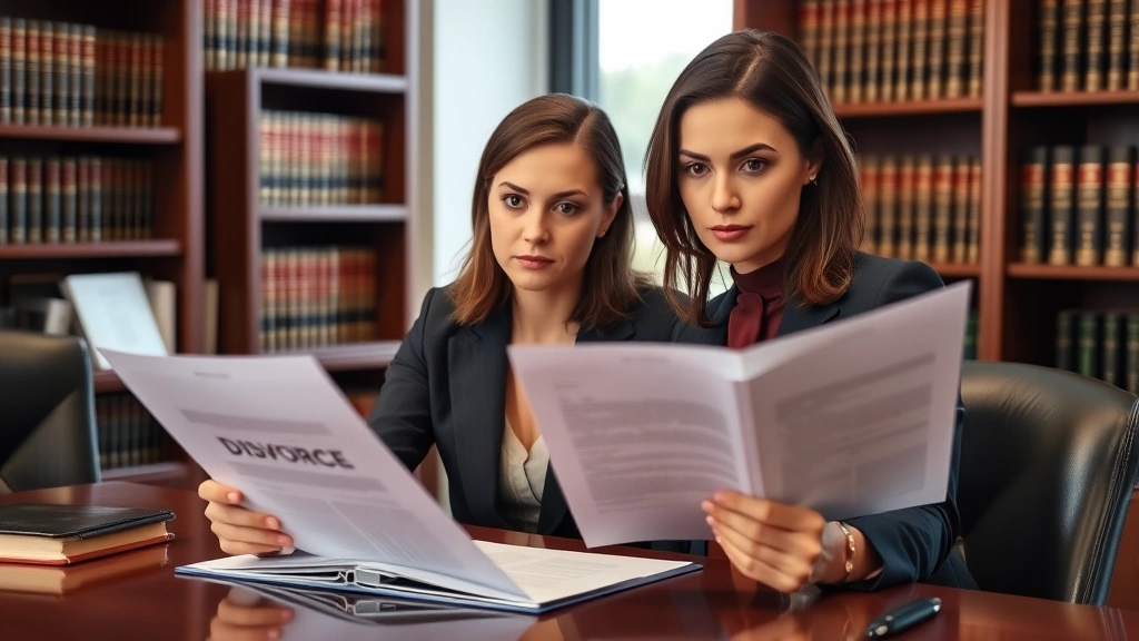 Professional female attorney in business suit reviewing divorce documents at mahogany desk, serious expression, office setting with legal books on shelves, natural window lighting, realistic photograph