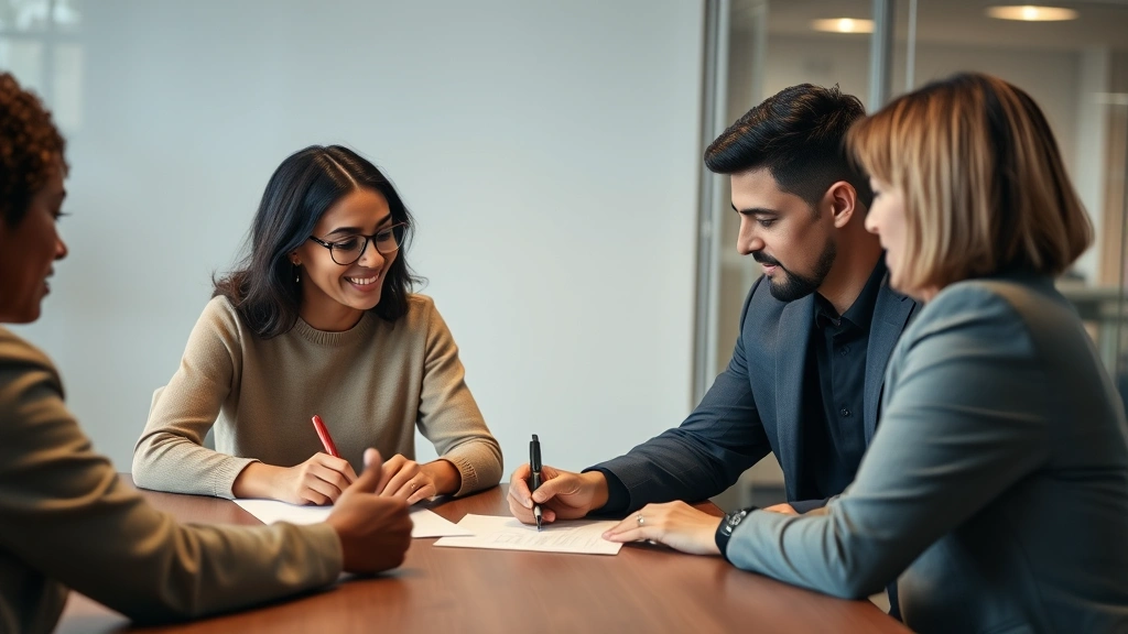 Diverse couple signing separation agreement at table with neutral mediator present, focused expressions, modern office environment, soft professional lighting, documentary-style photograph