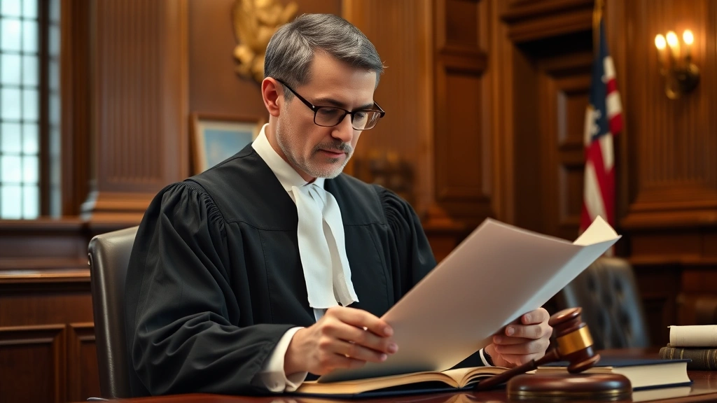 Male judge in robes reading case file in courthouse chambers, thoughtful expression, law books and gavel visible on desk, formal judicial setting, realistic professional photograph