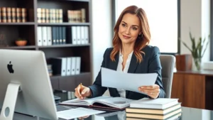 Professional female divorce attorney in modern Phoenix office reviewing legal documents at desk, wearing business attire, with law books and computer visible, natural window lighting, confident expression