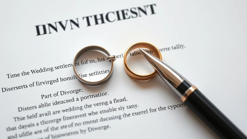 Overhead view of separated wedding rings on divorce settlement documents and pen, showing legal paperwork in soft professional lighting, symbolizing marital dissolution