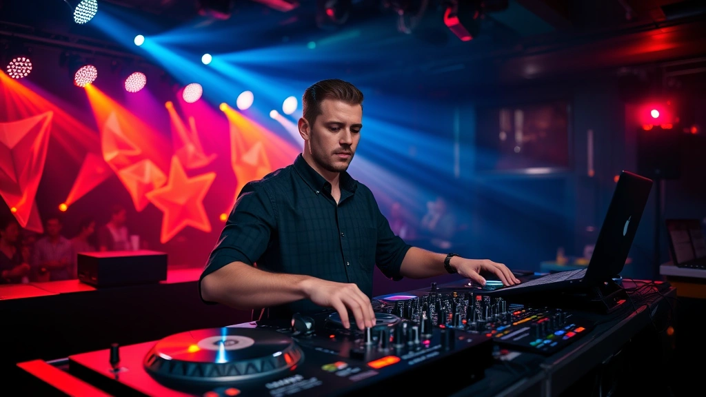 Professional DJ performing at a nightclub with turntables and mixing equipment, focused expression, modern venue lighting, confident posture, high-quality professional photography