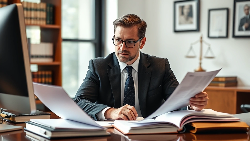 Entertainment lawyer reviewing documents at desk with law books and computer, professional office setting, serious expression, natural lighting, contemporary legal workspace