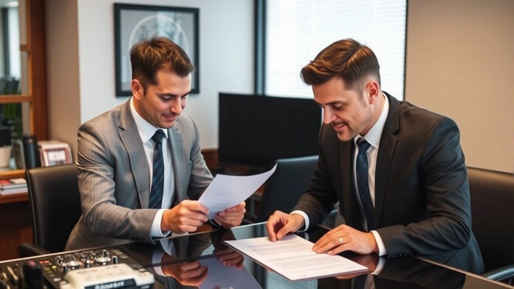 DJ signing contract with venue manager at a desk, both parties reviewing documents, professional attire, office setting, collaborative atmosphere, clear document visible