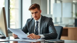 Professional family law attorney in modern office reviewing financial documents and support agreements at desk with computer, serious focused expression, natural lighting