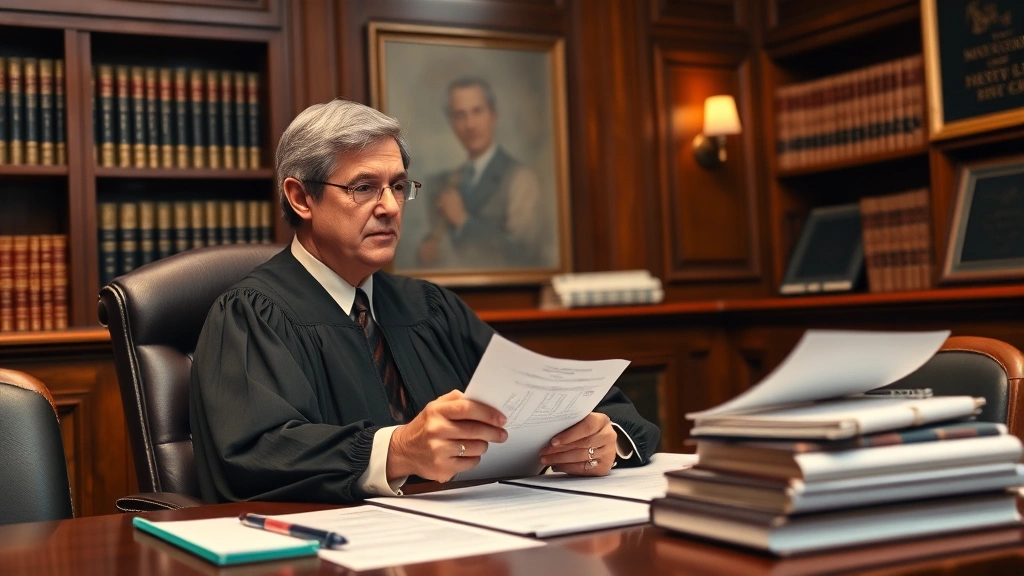 Diverse judge in chambers examining income statements and business valuations for child support case, professional setting with law books and legal documents visible