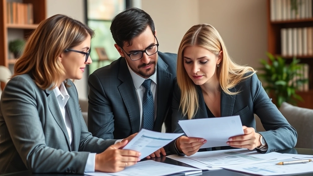 Financial advisor and lawyer collaborating on high-net-worth asset analysis for support obligation calculations, reviewing spreadsheets and property documents in professional environment
