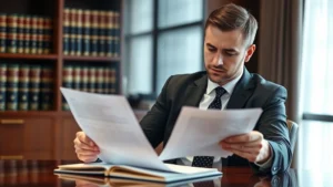Professional male attorney in business suit reviewing legal documents at mahogany desk with law books in background, serious focused expression, natural office lighting