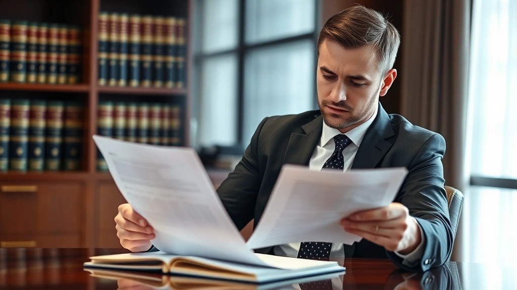 Professional male attorney in business suit reviewing legal documents at mahogany desk with law books in background, serious focused expression, natural office lighting