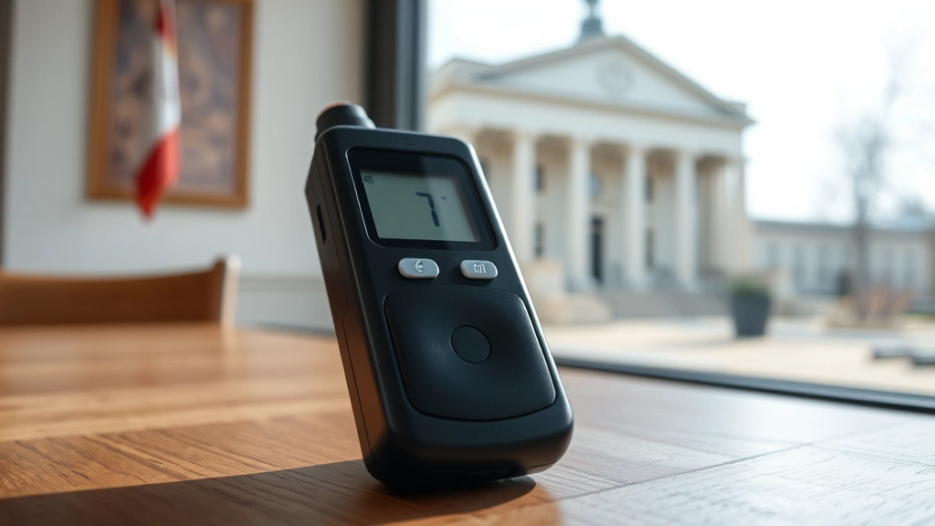 Close-up of breathalyzer device on wooden table with blurred courthouse building visible through window, professional legal environment setting, morning light