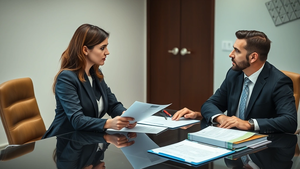 Female lawyer in formal attire discussing case strategy with male client across conference table, serious professional consultation, documents and legal folders visible