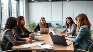 Professional law students in modern classroom setting with laptops and legal materials, collaborative learning environment, natural lighting from windows, diverse group engaged in discussion