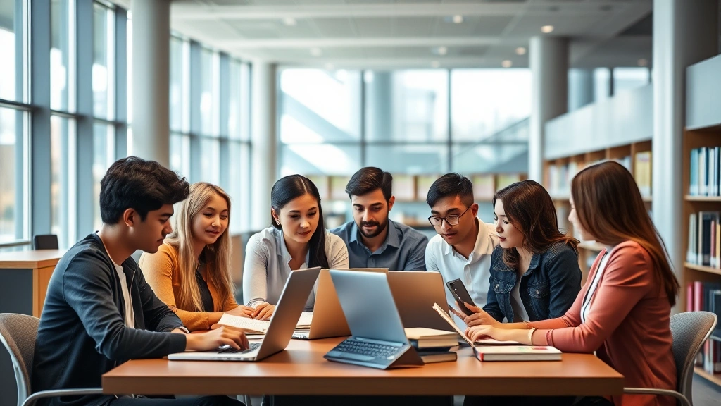 Professional law school students studying together in modern library with natural lighting, collaborative workspace with laptops and legal textbooks, diverse group engaged in discussion