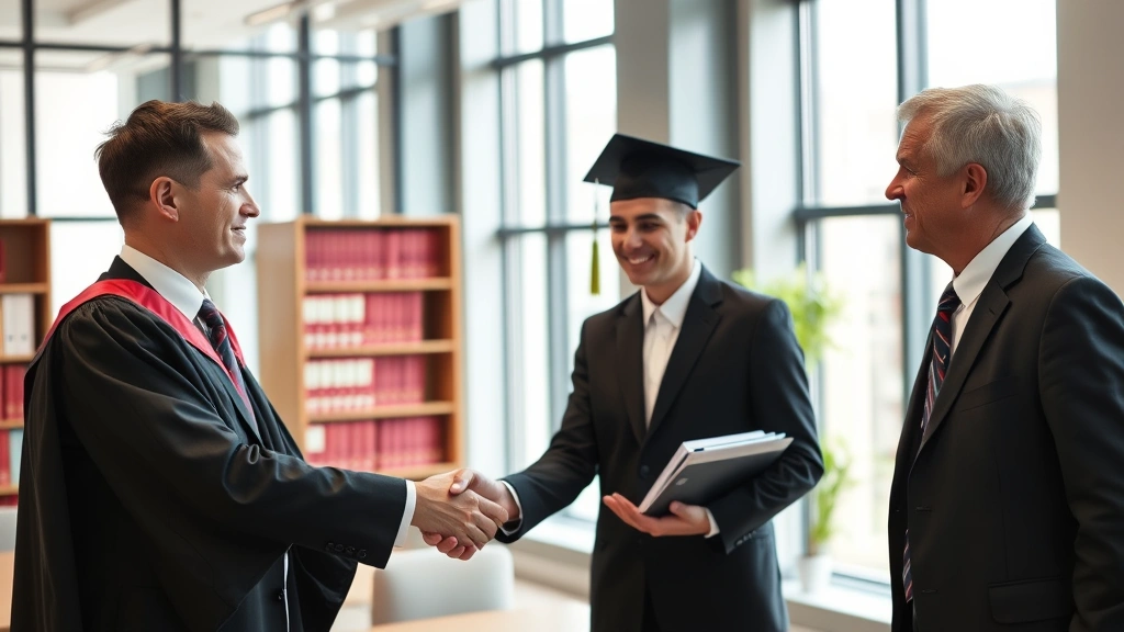 Law graduate in professional business attire shaking hands with mentor in law office, modern legal workspace background, confident professional setting, natural daylight from windows
