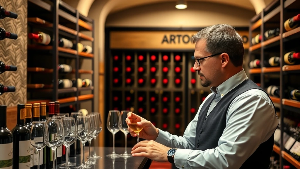 Professional sommelier conducting wine tasting in modern German wine cellar with bottles and glasses, warm lighting, professional attire, no signage or text visible