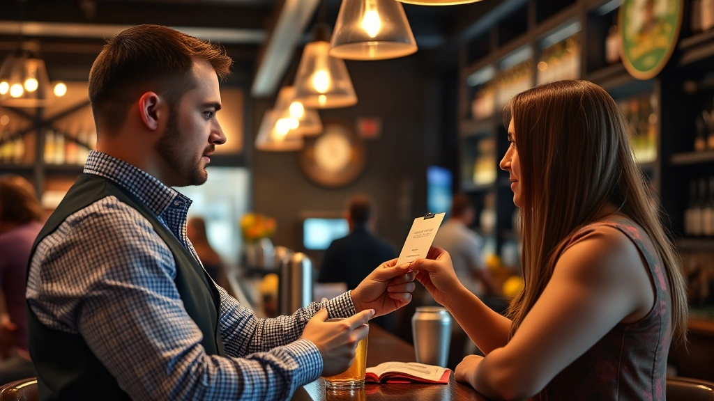 Bartender checking ID of customer at upscale German beer hall, both in professional setting, focused on identification verification process, realistic lighting