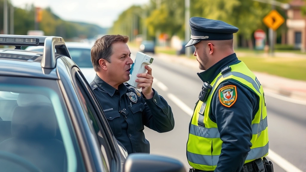 Police officer conducting breathalyzer test during traffic stop, professional law enforcement scene, daytime outdoor setting, no visible signage, realistic detail