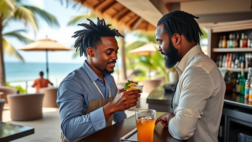 Professional Jamaican bartender in upscale resort bar checking customer ID before serving cocktail, tropical setting with ocean view background, daytime lighting