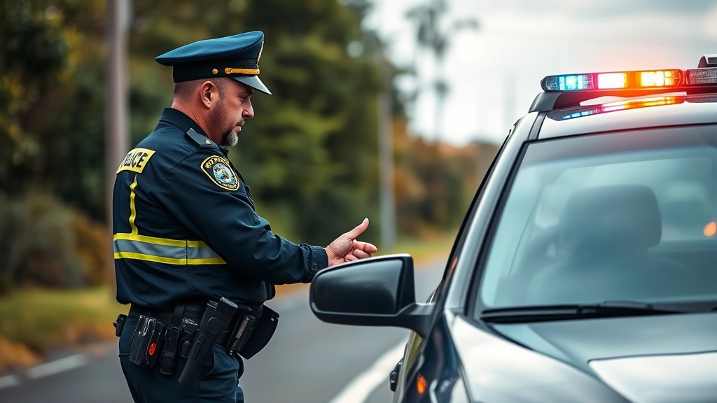 Police officer conducting roadside sobriety test with driver in Jamaica, professional enforcement scene, proper lighting, realistic interaction