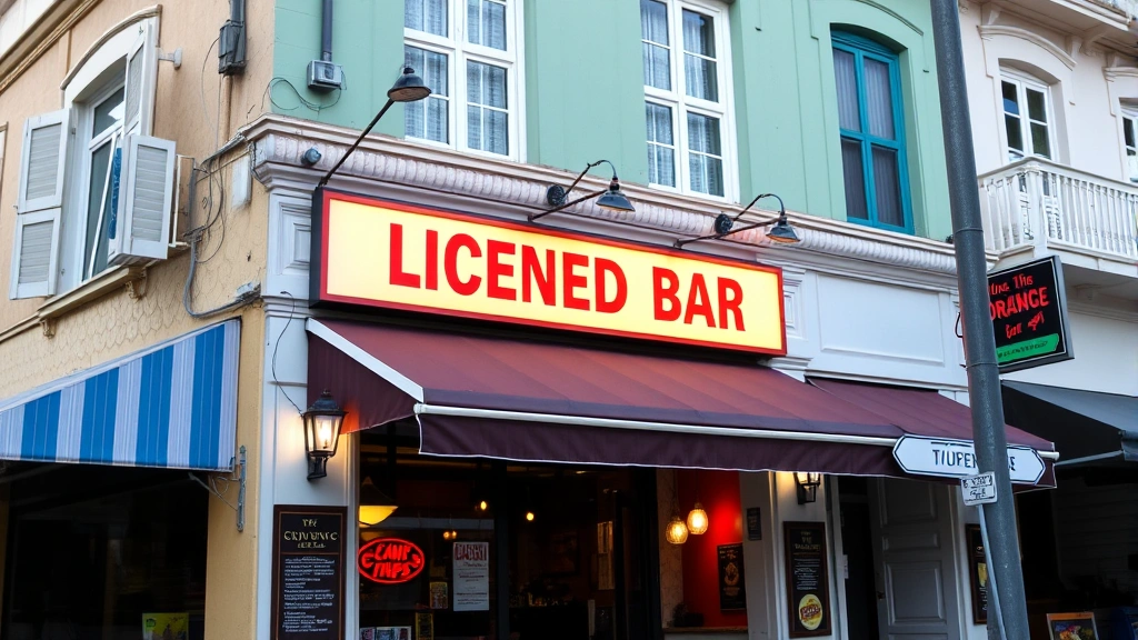 Jamaica's colorful street scene with licensed bar establishment storefront, showing proper business signage and entrance, daytime lighting, architectural detail