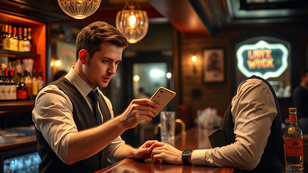 Professional bartender checking customer ID at London pub bar counter, photorealistic, evening lighting, serious expression, checking driver's license