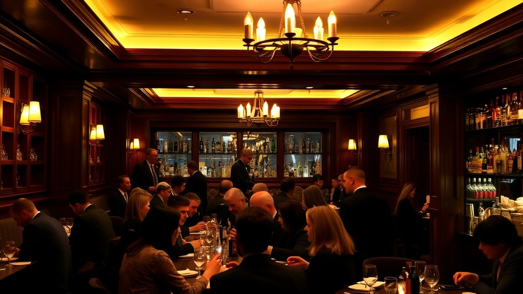 Interior of upscale London bar with wooden fixtures and dim lighting, patrons enjoying drinks responsibly, warm professional atmosphere, evening ambiance