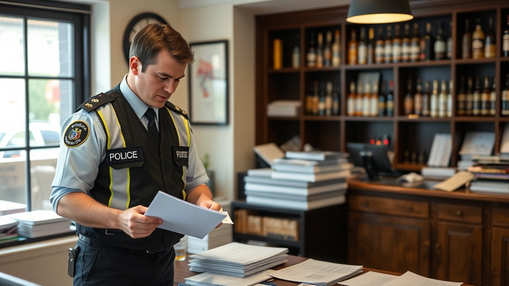 Local council licensing enforcement officer reviewing compliance documents at licensed premises office, professional setting, reviewing paperwork and records