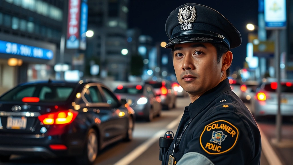 Professional photograph of a Japanese police officer conducting a sobriety checkpoint on a city street at night, with vehicles stopped in background, serious and authoritative expression
