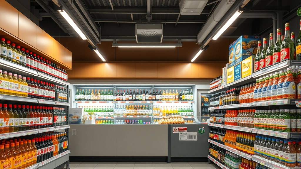 Realistic image of a modern Japanese convenience store interior with alcohol section clearly visible behind counter, professional lighting, organized shelving with various beverages