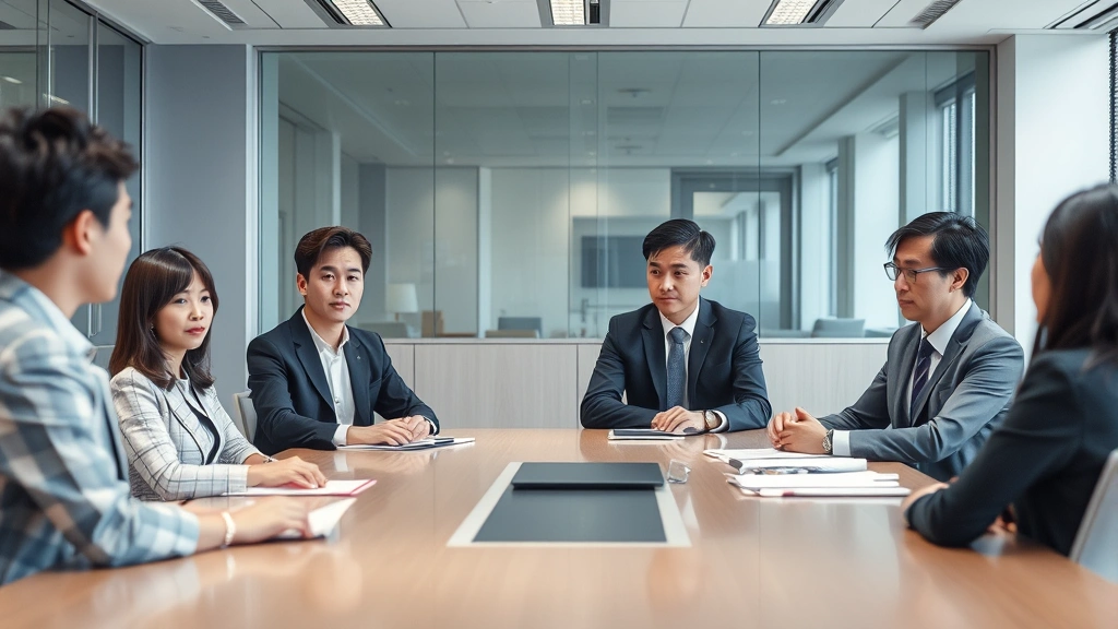 Photograph of a professional Japanese workplace environment showing employees in business attire during a formal office meeting, clean modern conference room, serious professional atmosphere
