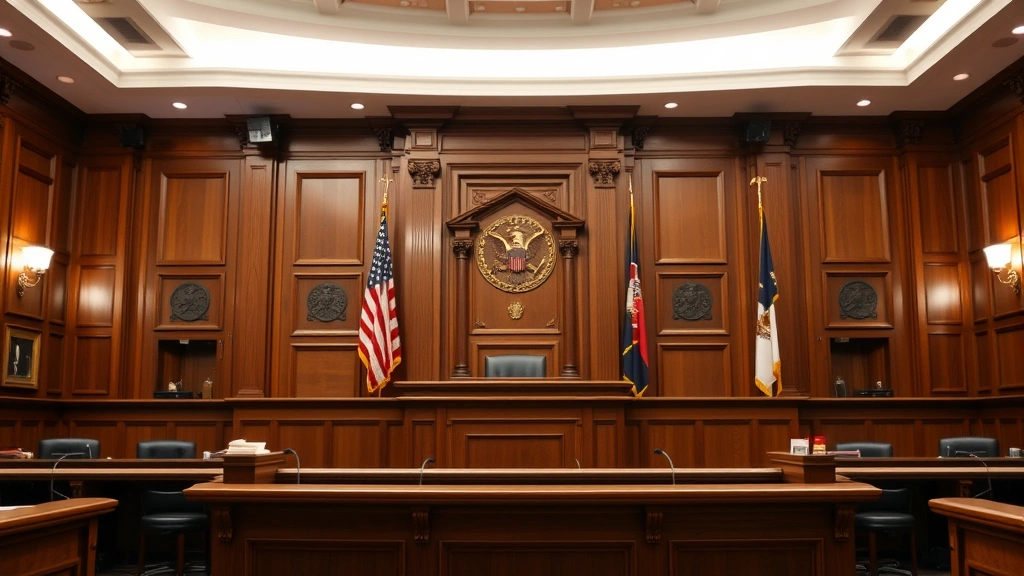 Close-up of state legislative chamber or courtroom interior with empty judge's bench, formal wood paneling, American flags, professional legal setting with soft natural light