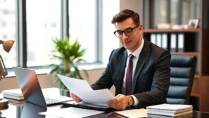 Professional male attorney in business suit reviewing workers' compensation documents at modern office desk with laptop and legal files, natural lighting from window, confident expression, Arlington Virginia office setting
