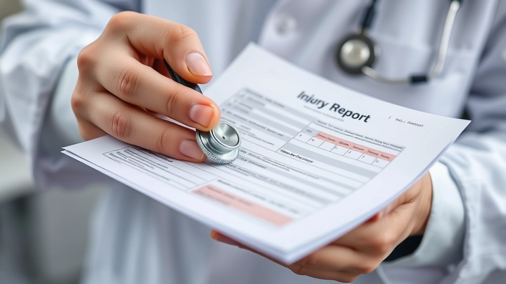 Close-up of hands holding medical report with injury documentation, stethoscope visible, professional healthcare environment, injury assessment paperwork, clinical setting atmosphere