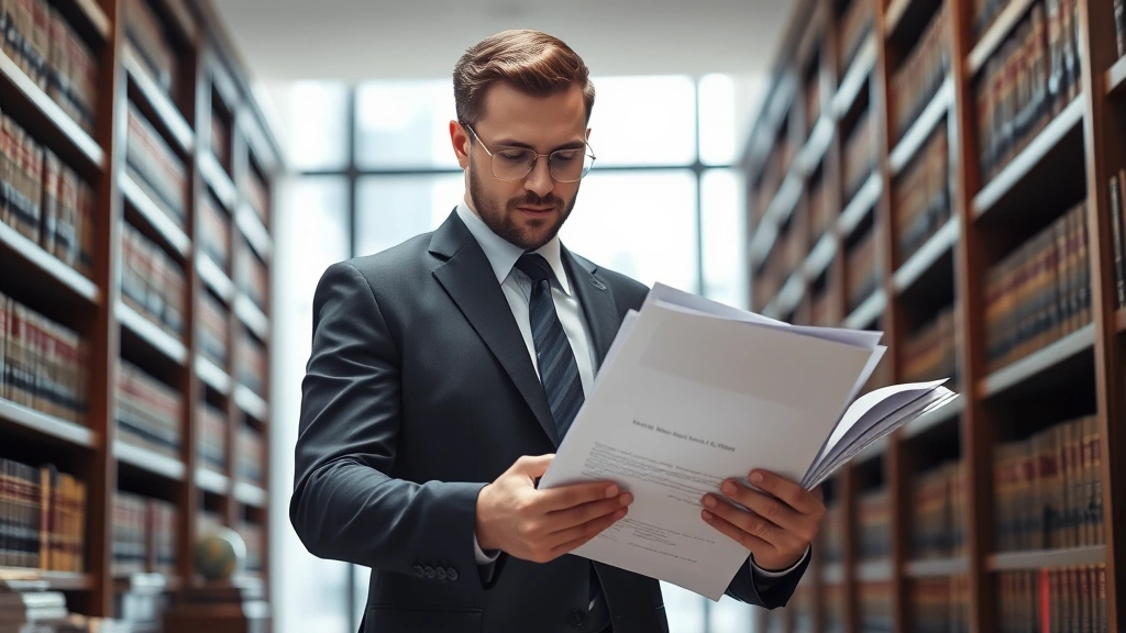 Professional lawyer in business suit reviewing thick legal documents and law books in modern law library with mahogany shelves, natural lighting, focused expression, photorealistic