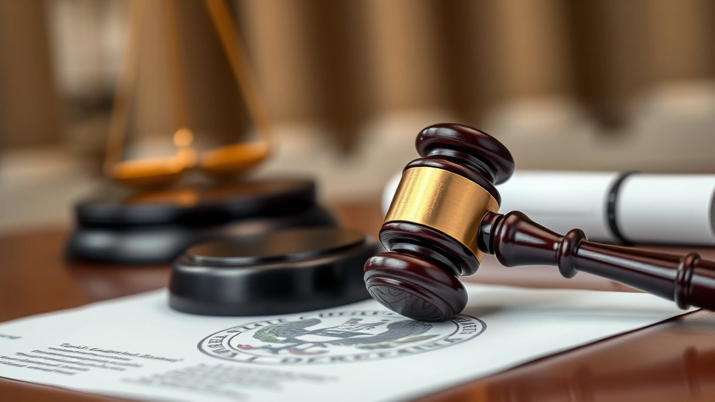 Gavel resting on legal documents with state seal visible, professional courthouse setting, soft background blur, high-quality photography, authoritative appearance
