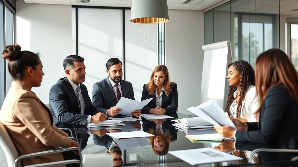 Diverse team of legal professionals in conference room reviewing legislation, modern office environment, collaborative atmosphere, natural daylight, professional attire