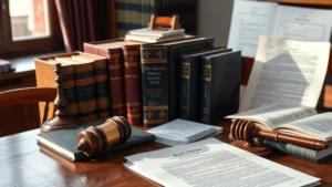 Professional legal research setting with law books, constitutional documents, and election law materials on a wooden desk, natural lighting, scholarly atmosphere