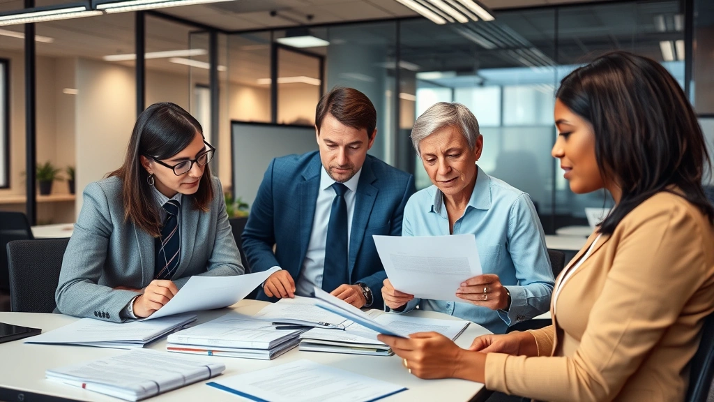 Modern election administration office with election officials reviewing voting procedures and electoral systems documents, professional workplace environment, diverse team collaboration