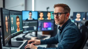 Professional video game character designer working at a computer workstation with multiple monitors displaying 3D character models and facial animation software, modern studio lighting, focused expression