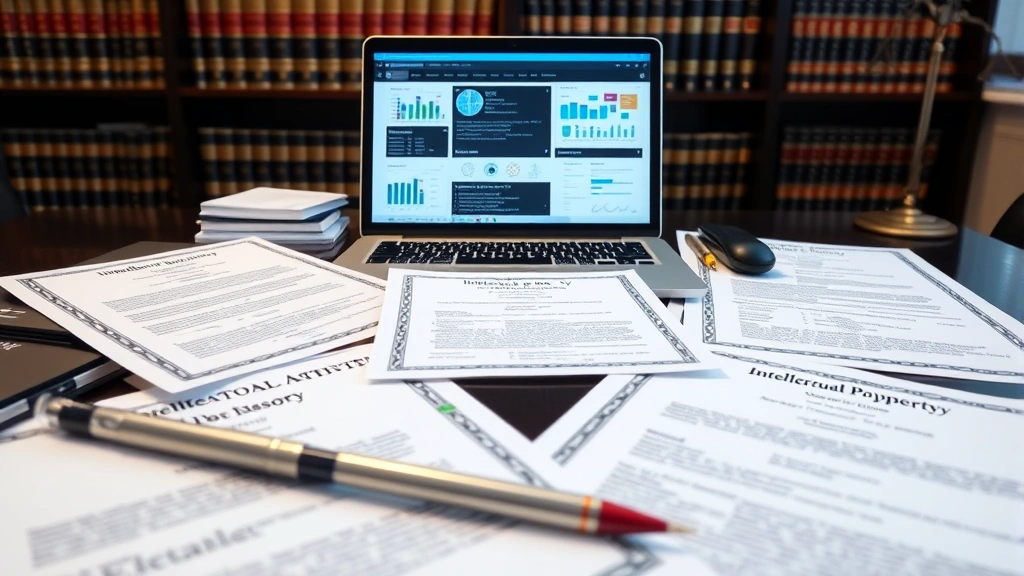 Legal documents and intellectual property certificates spread across a desk with a laptop showing digital asset management software, professional office setting with law books in background